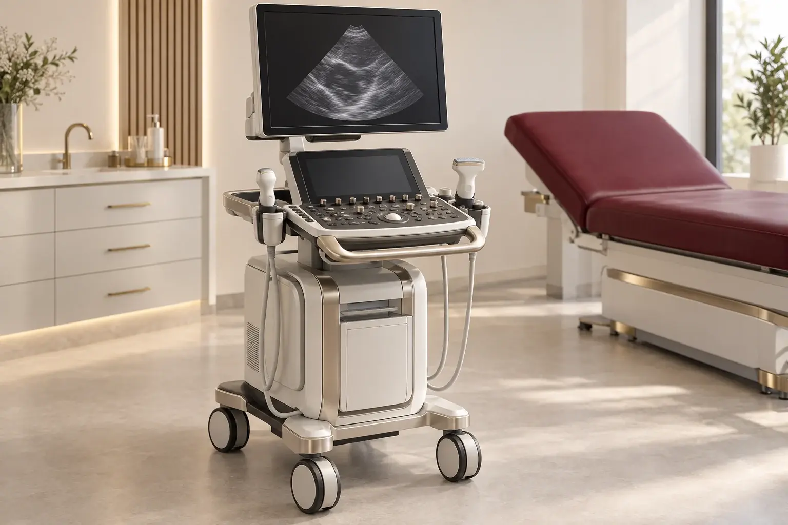 Illustration of heart and vascular ultrasound equipment beside a burgundy examination couch