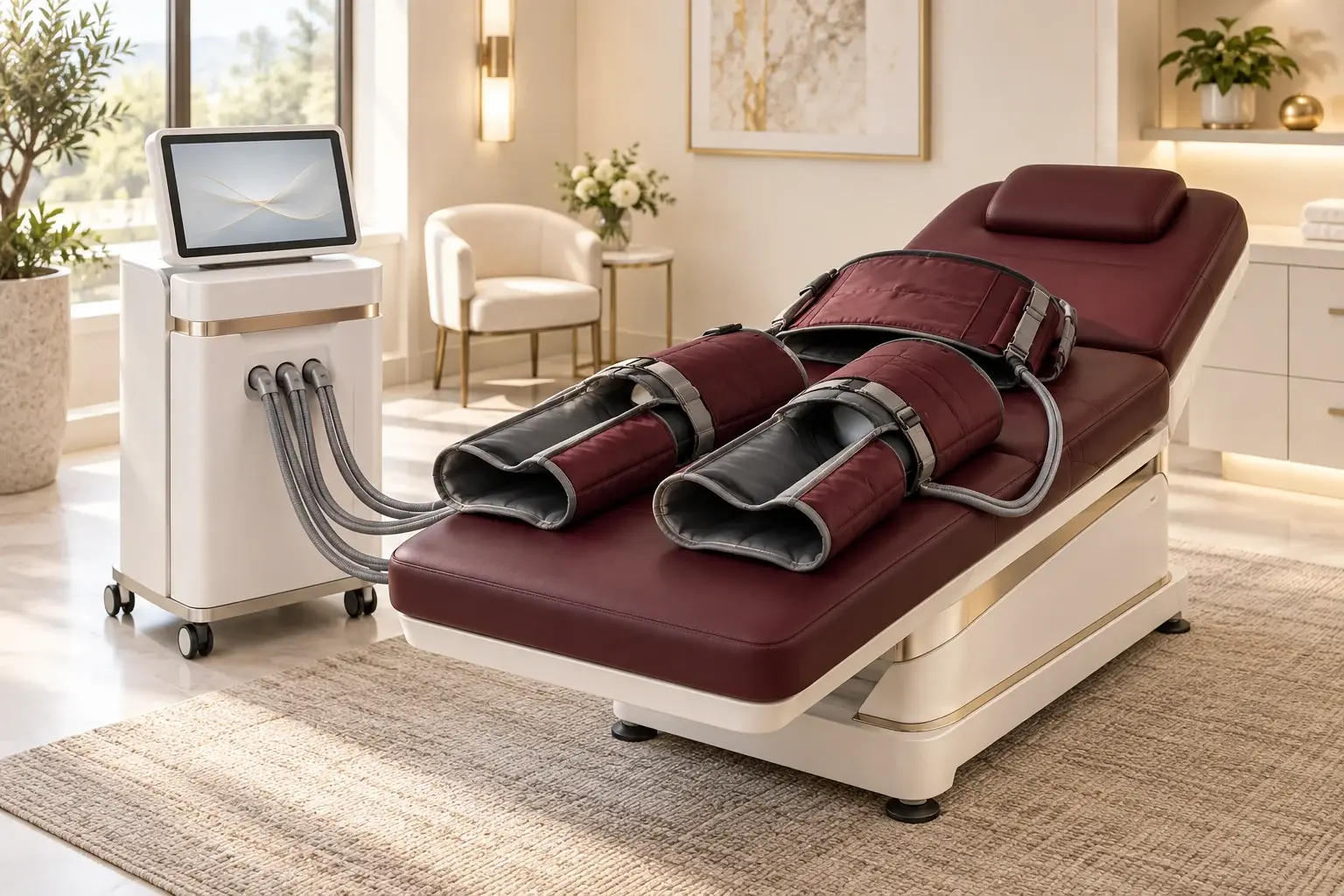 Illustration of eECP treatment bed with pneumatic leg cuffs and a connected control console