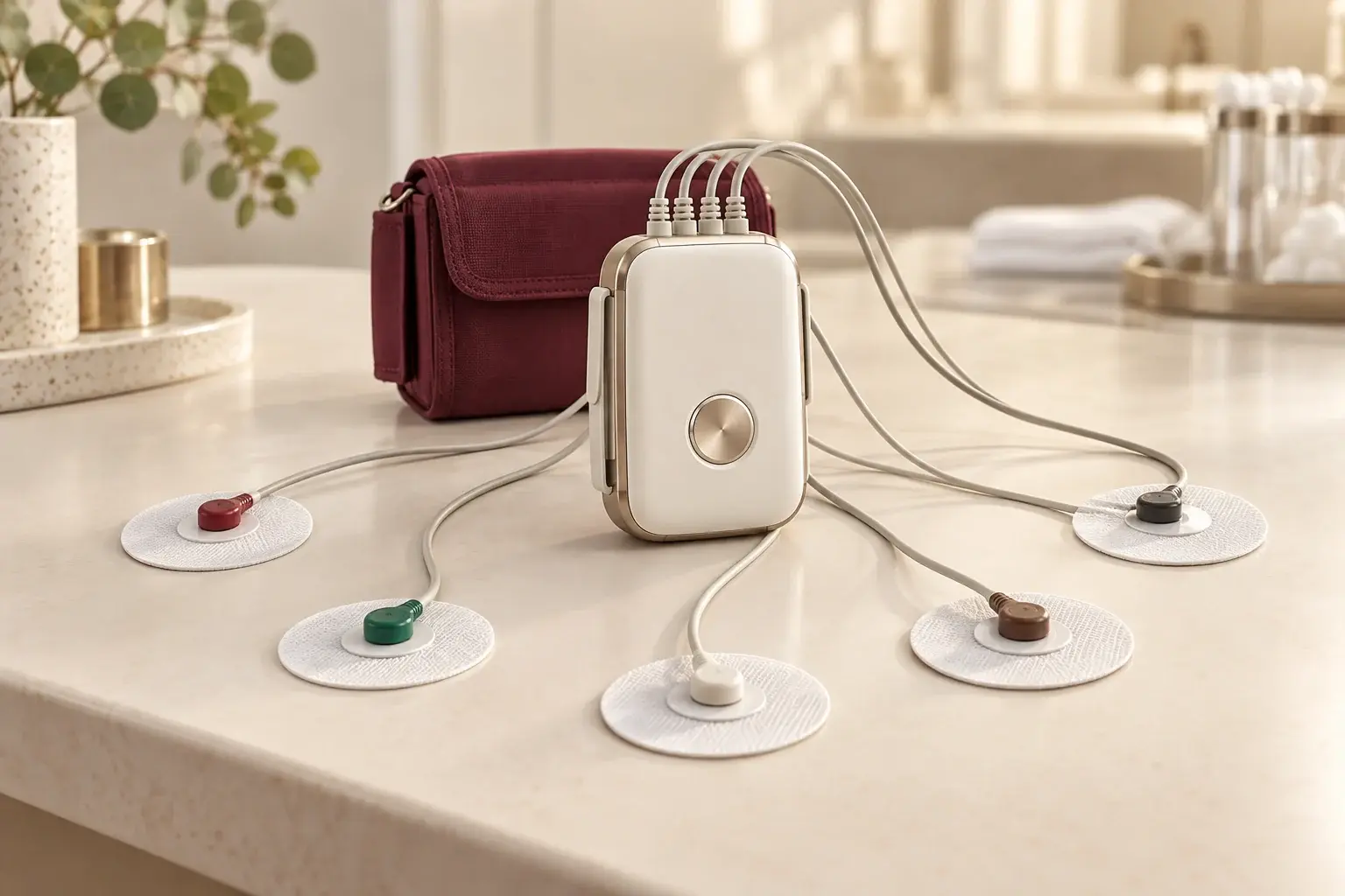 Illustration of a portable Holter recorder with ECG leads, adhesive electrodes, and a burgundy carrying pouch