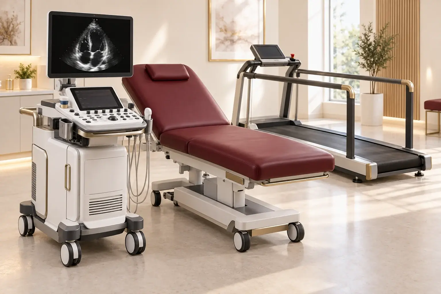 Illustration of cardiac ultrasound machine and examination bed beside a treadmill for stress echocardiography